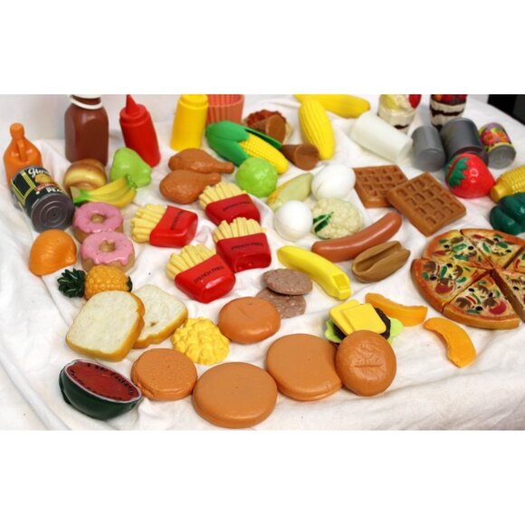 Plastic Play Food Lot Kitchen Fries Pizza Cutter Waffle Hot Dog Hamburger Fruit - Picture 6 of 16
